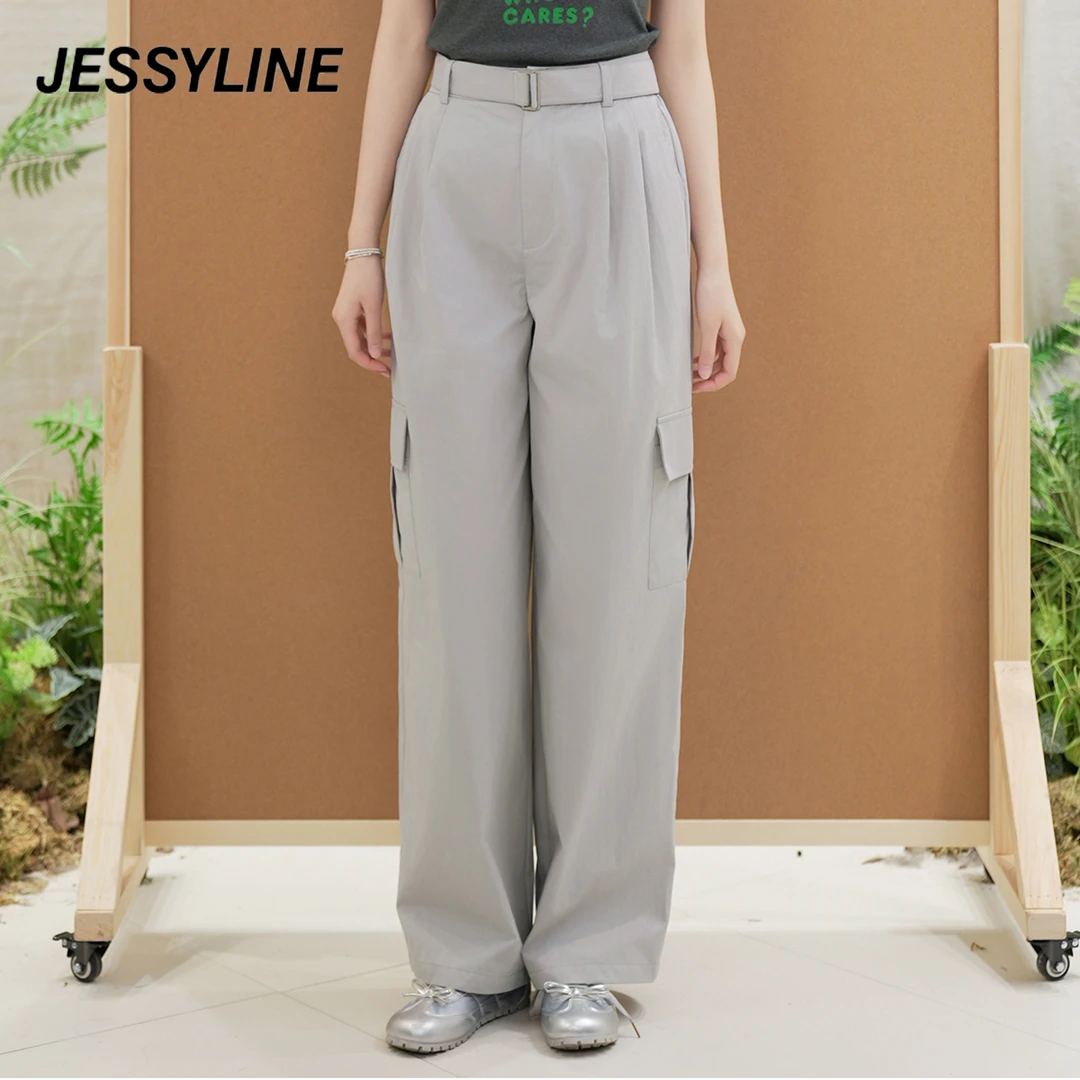 jessyline2025夏季新款杰茜莱浅灰休闲裤直筒宽松百搭高级感