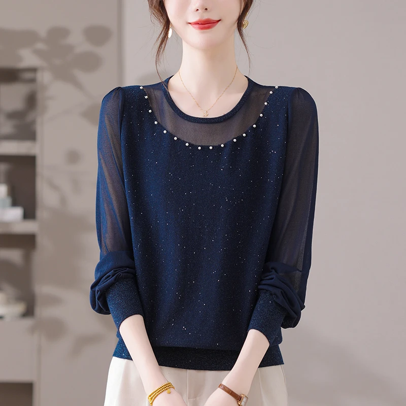 秋装2025新款大码针织衫女士宽松显瘦上衣春秋薄款洋气蕾丝打底衫