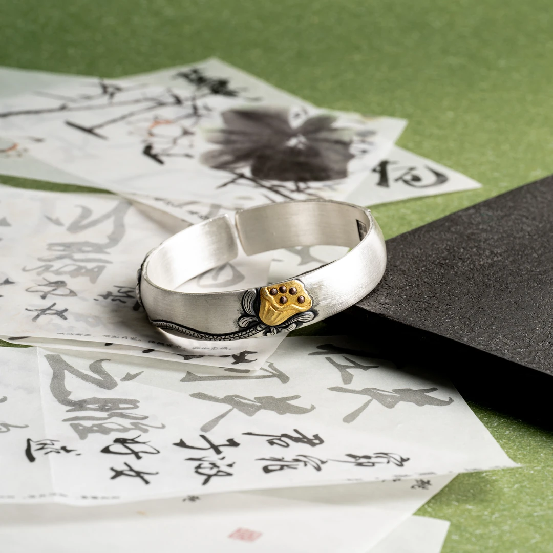 足银手镯  金色莲蓬丨纯手工錾刻金银错工艺开口实心约72g