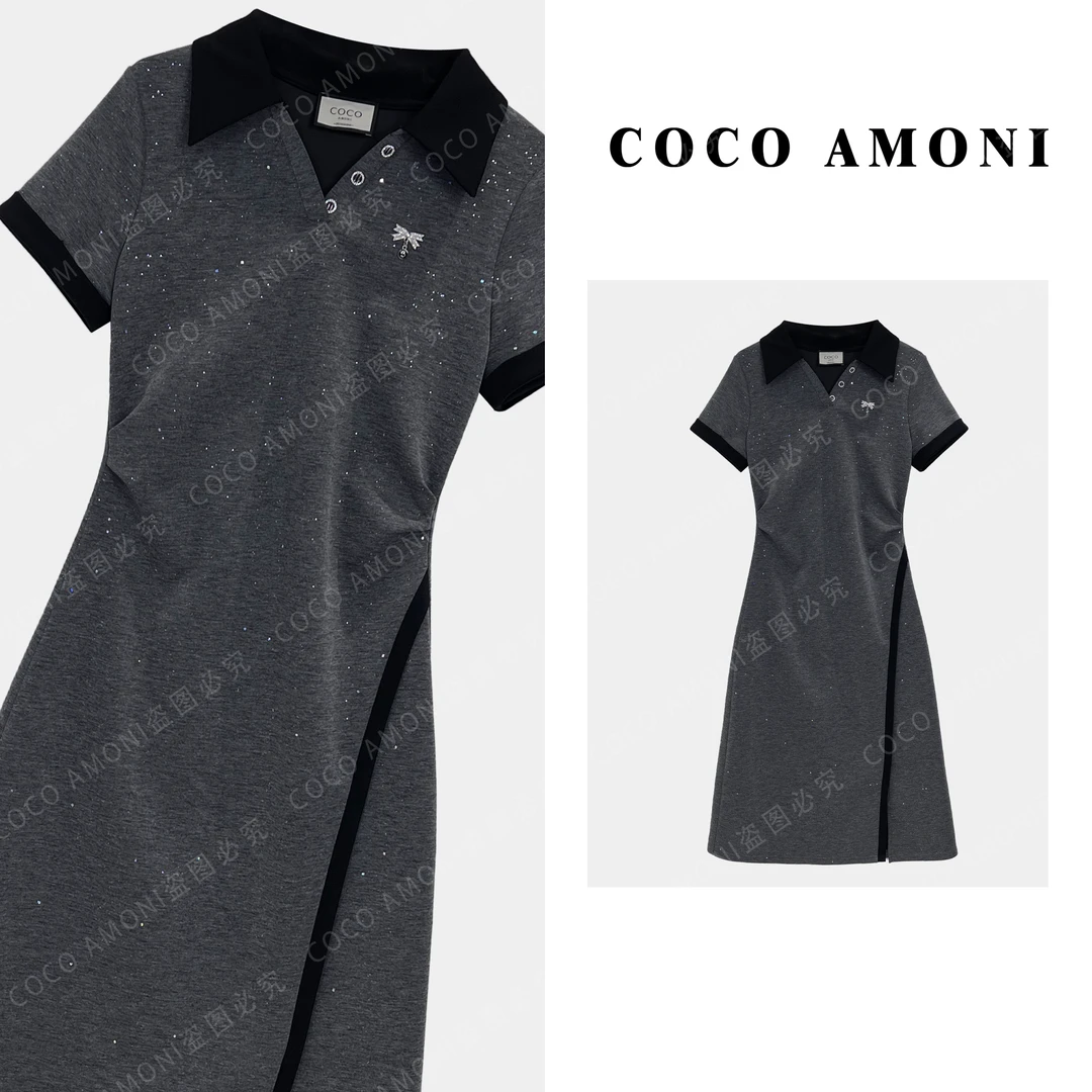 设计师新款高级感气质女拼接重工烫钻蝴蝶结显瘦气质连衣裙AC408