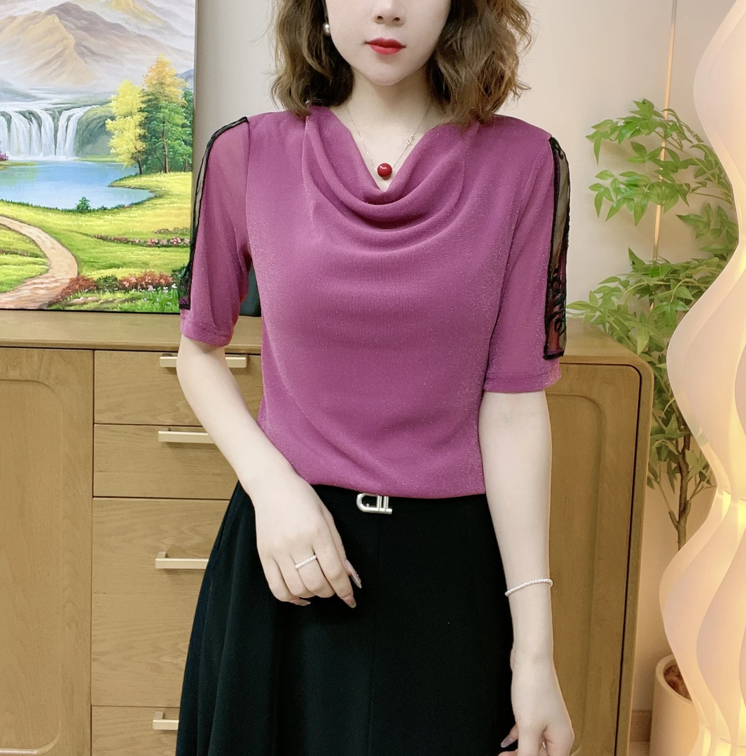 2025夏季新品肩膀重工蕾丝拼接中袖堆堆领气质减龄洋气小衫女