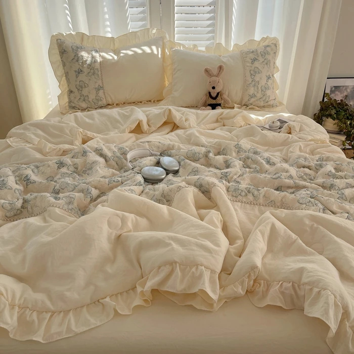 法式公主风蝴蝶剪花空调被被套床单荷叶边少女心夏被四件套三件套