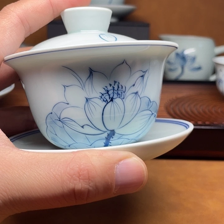手绘荷花盖碗160的
