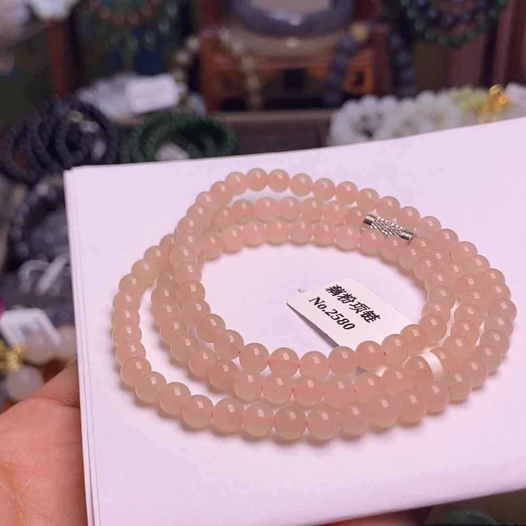 和田玉未镶嵌颈饰藕粉老熟料红粉约5mm108佛珠