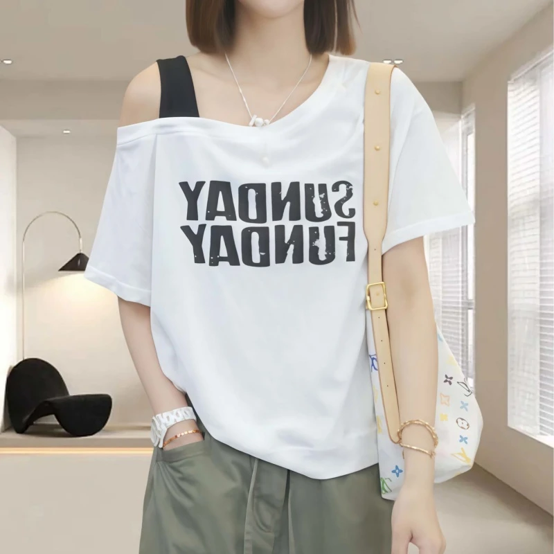 2025网红爆款字母印花斜肩短袖上衣女夏季新款百搭时髦T恤