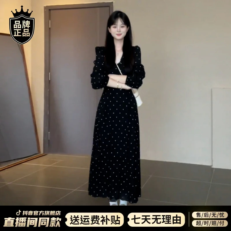 法式黑色v领波点长袖连衣裙子2025新款早秋季小个子气质收腰长裙
