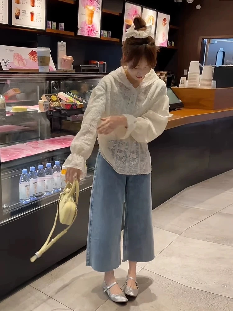 【湘湘定制】镂空钩花蕾丝花边连帽衬衫女2025年春季薄款蕾丝衫上衣