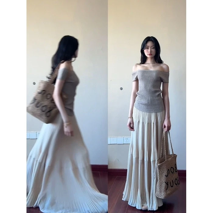 夏季针织纯欲性感一字肩韩系修身显瘦上衣宽松仙女风半身裙套装