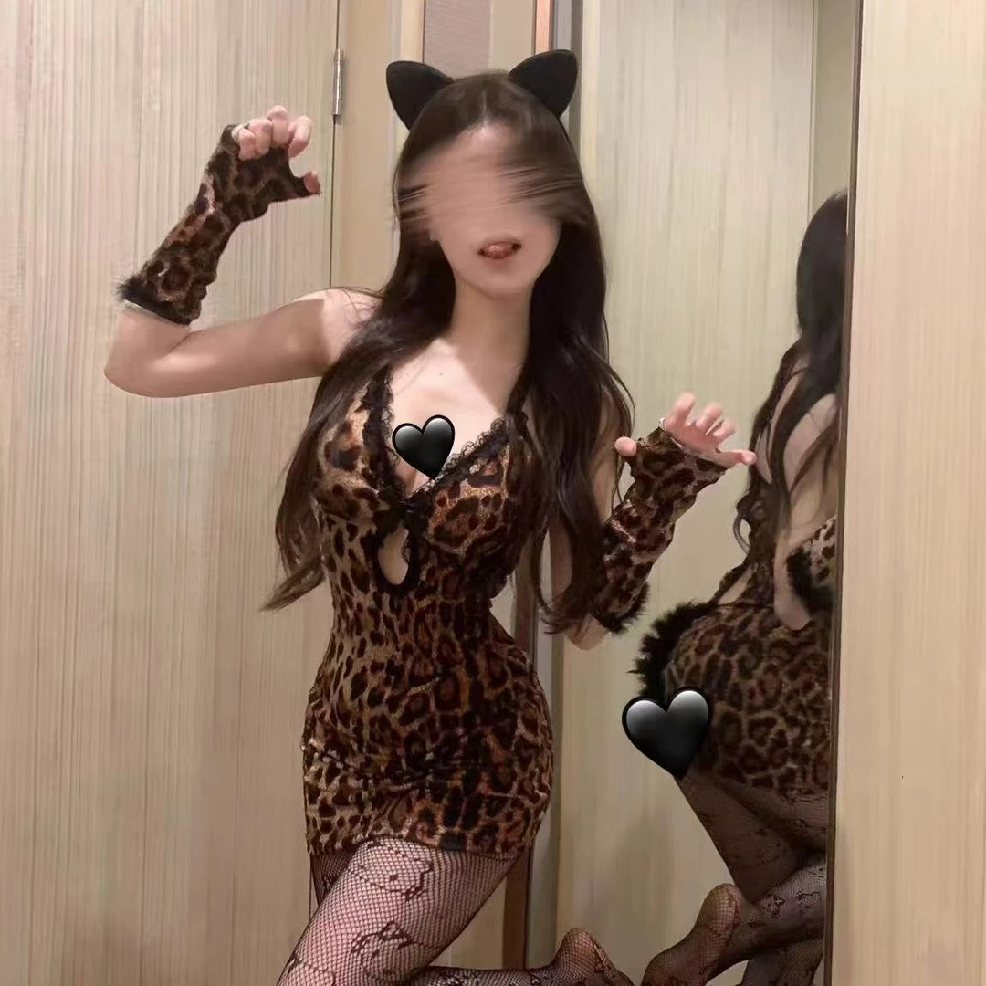 隐晦诗-［张扬小野豹］性感豹纹吊带收腰蕾丝显瘦包臀火辣睡裙夏季
