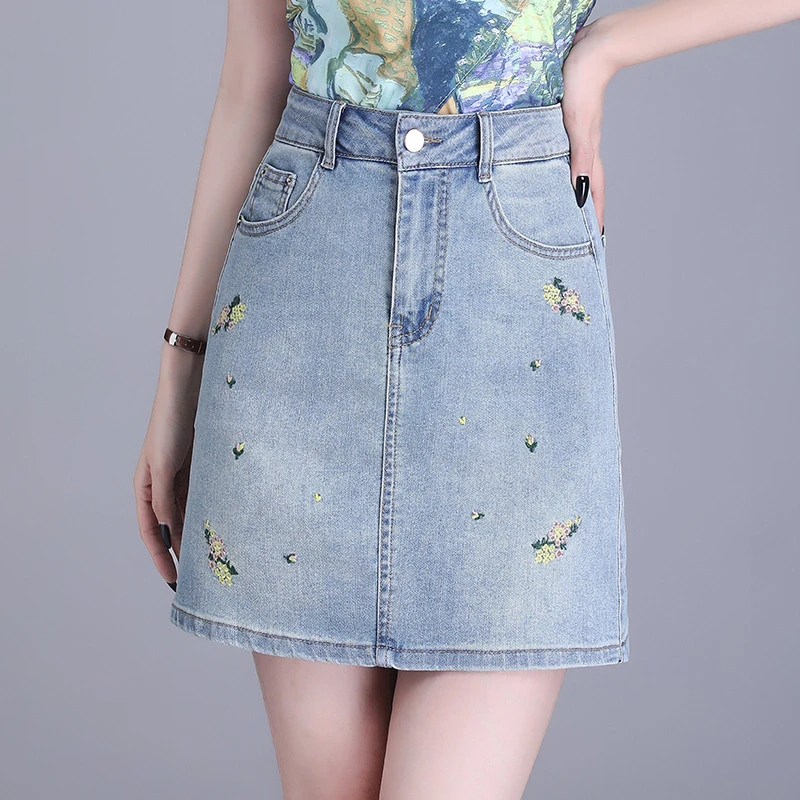 刺绣性感牛仔裙半身裙女2025新款高腰修身韩版包臀裙一步裙短裙夏