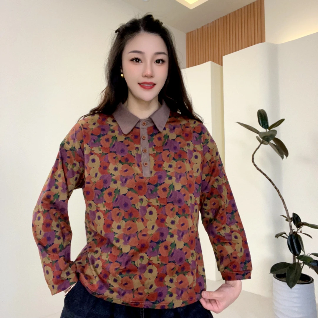 高品质翻领长袖卫衣碎花打底衫