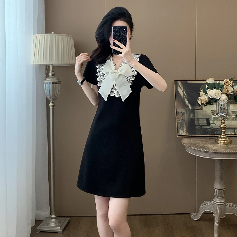 法式气质连衣裙女2025夏季新款蕾丝拼接甜美蝴蝶结收腰显瘦中长裙