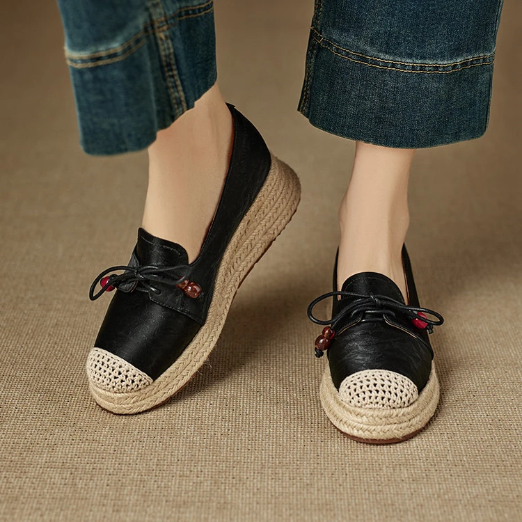 里外纯皮～牛皮5cm编织编织中跟舒适百搭系带时尚休闲粗跟单鞋新款