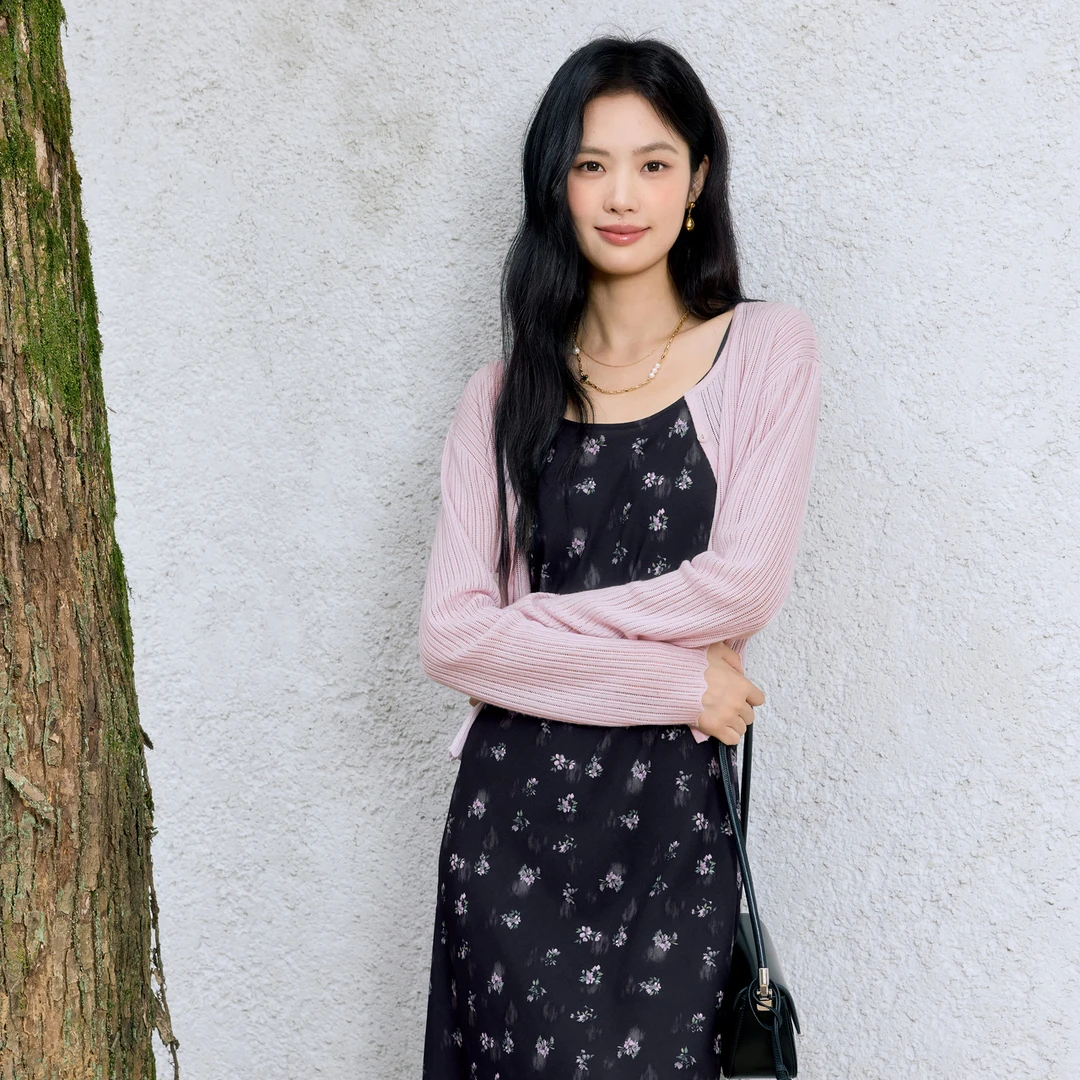 伊芙丽薄透粉色设计感修身百搭针织开衫女罩衫上衣夏季蕾丝碎花