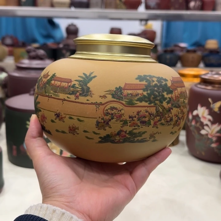 紫砂茶叶罐百子图一斤装锡罐孤品漏