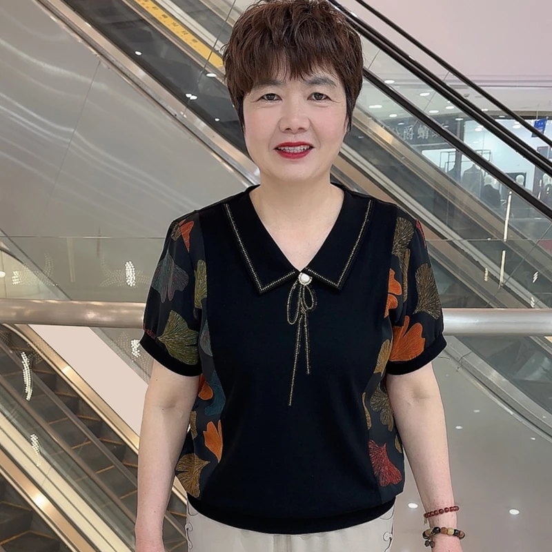 5820 夏季中老年洋气妈妈装休闲棉质拼接百搭薄款短袖上衣