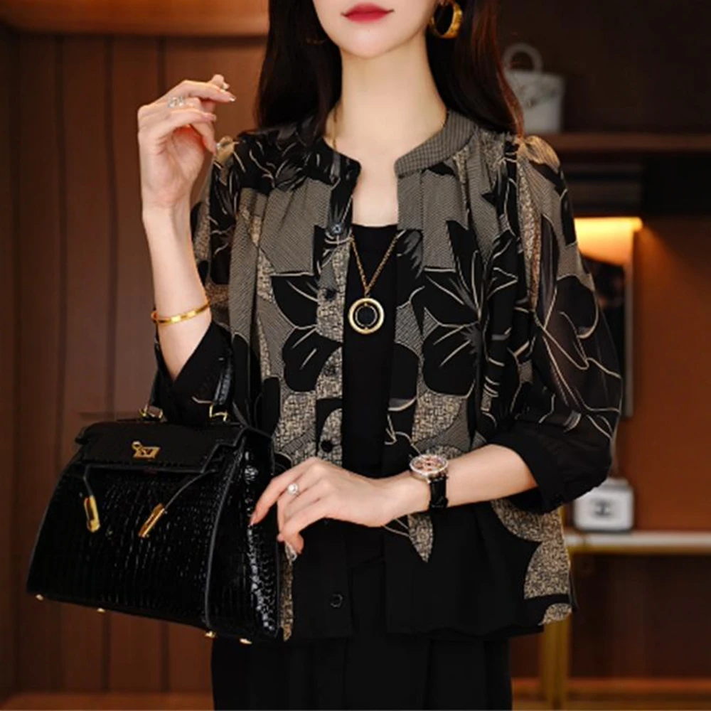 春夏气质小衫中老年妈妈装显瘦女装休闲J气质开衫休闲印花薄外套