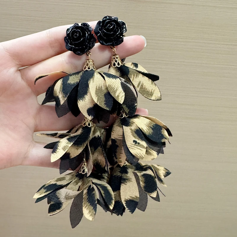 非金属布艺耳饰 欧美气质拼色耳环手工耳饰长款复古百搭豹纹耳钉