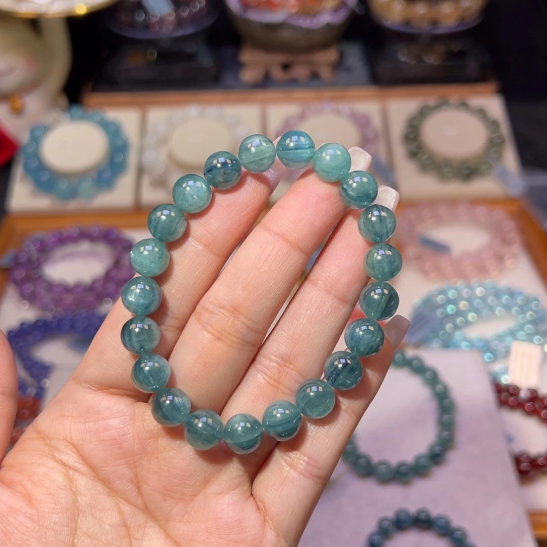 水晶手串未镶嵌泰***糖猫眼蓝绿晶9.1m m