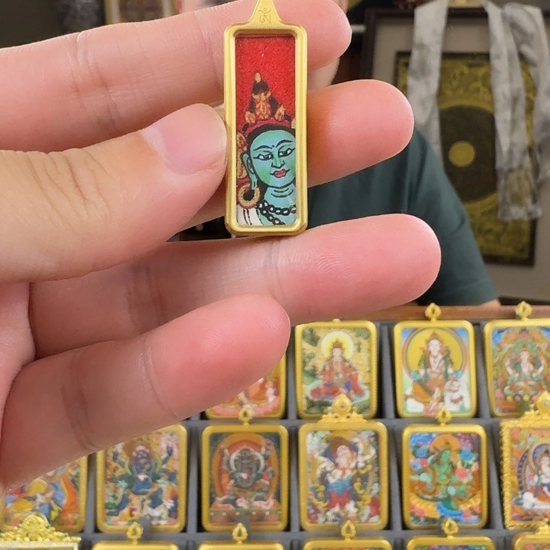 吊坠纯手绘绿度母小金条唐卡