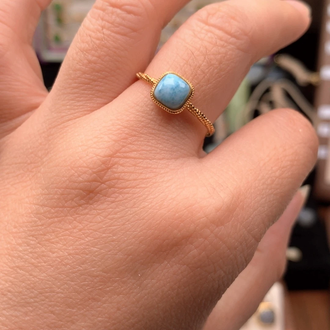 针钠钙石（海纹石）银S925镀金镶嵌戒指