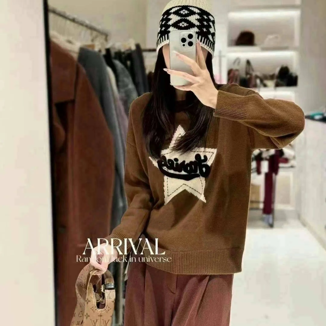 小众复古手工嵌花五角星毛巾绣提花宽松百搭毛衣9579