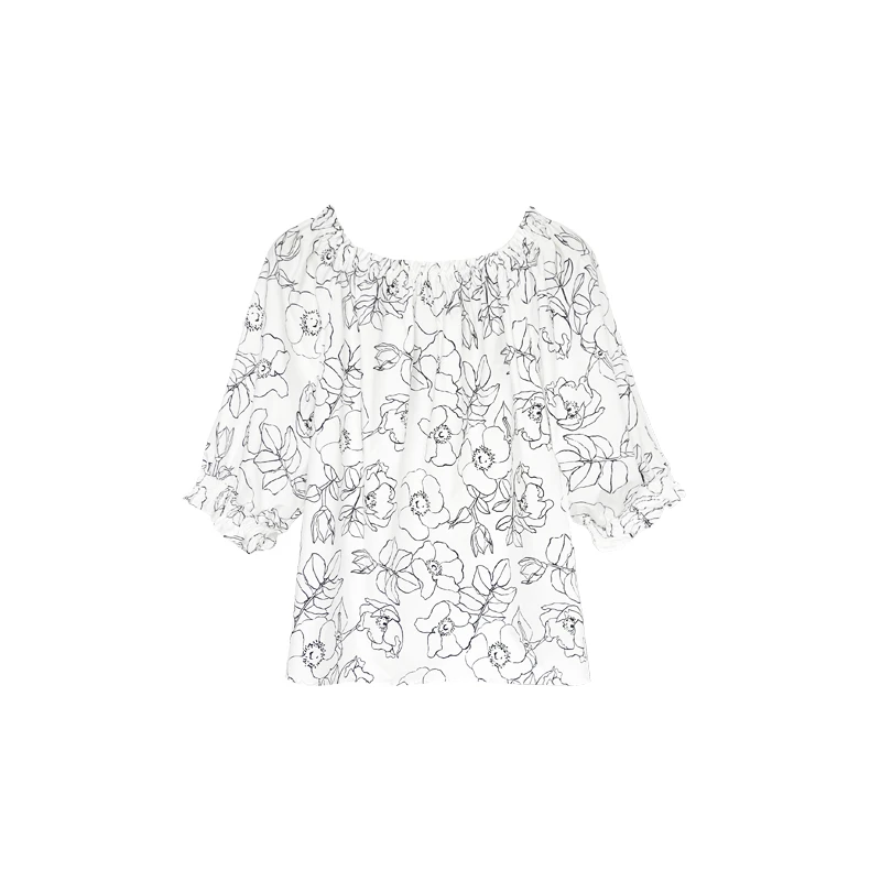 【橙庐】969000原创线条蔷薇松紧大圆领一字领中袖纯棉娃娃衫 T恤