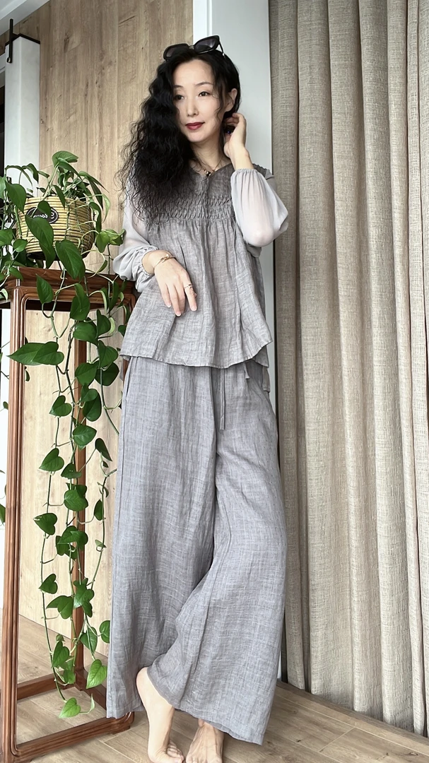 苎麻褶皱条纹防晒夏季薄款女士上衣舒适透气070#