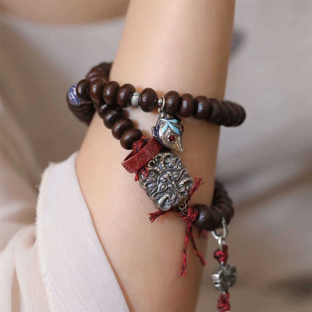 925银手链 大头姐S08081 吞米兽草莓铃铛山鬼花钱黑珠双层手链