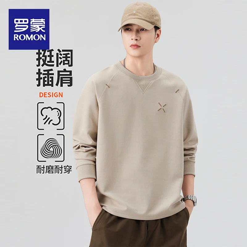 罗蒙圆领卫衣男士2025年春秋季宽松刺绣百搭长袖打底衫高级感上衣