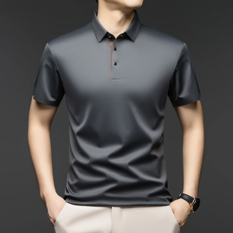 利郎商务休闲2025新款夏季男士中年短袖T恤桑蚕丝纯色翻领polo