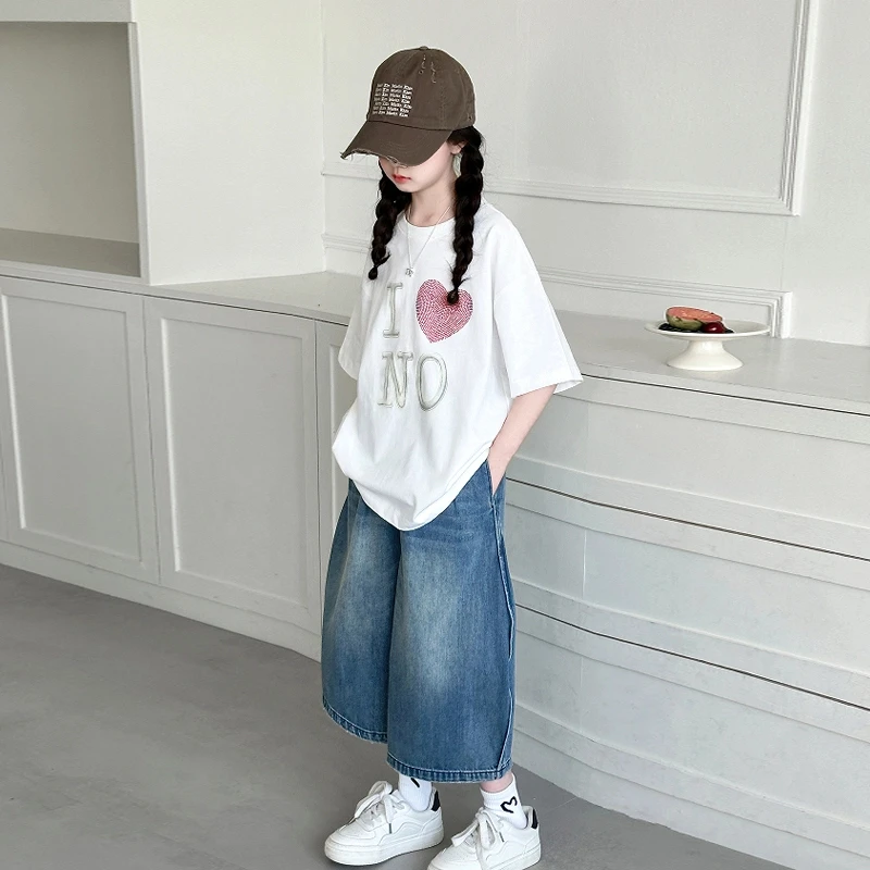 女童夏装短袖牛仔裤套装2025新款儿童休闲T恤阔腿中裤大童八分裤