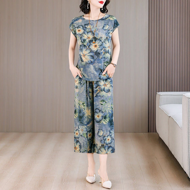 棉绸套装女夏装时尚休闲洋气显瘦中老年外穿短袖人造棉两件套夏季