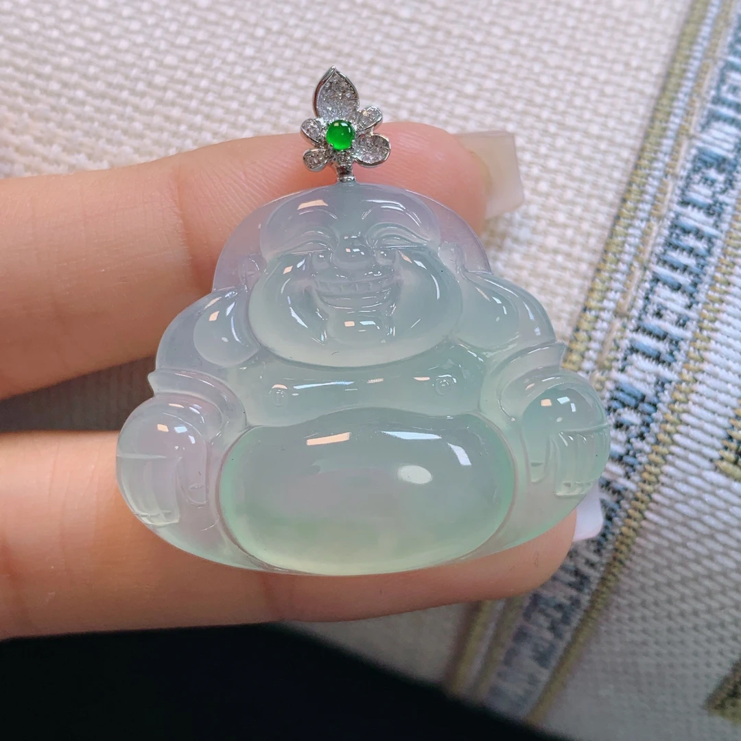 缅甸天然A货翡翠镶嵌18k金冰种晴水绿底大佛公吊坠时尚29*35*7.3