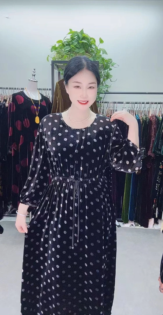 中老年桑蚕丝波点连衣裙大码女装时尚