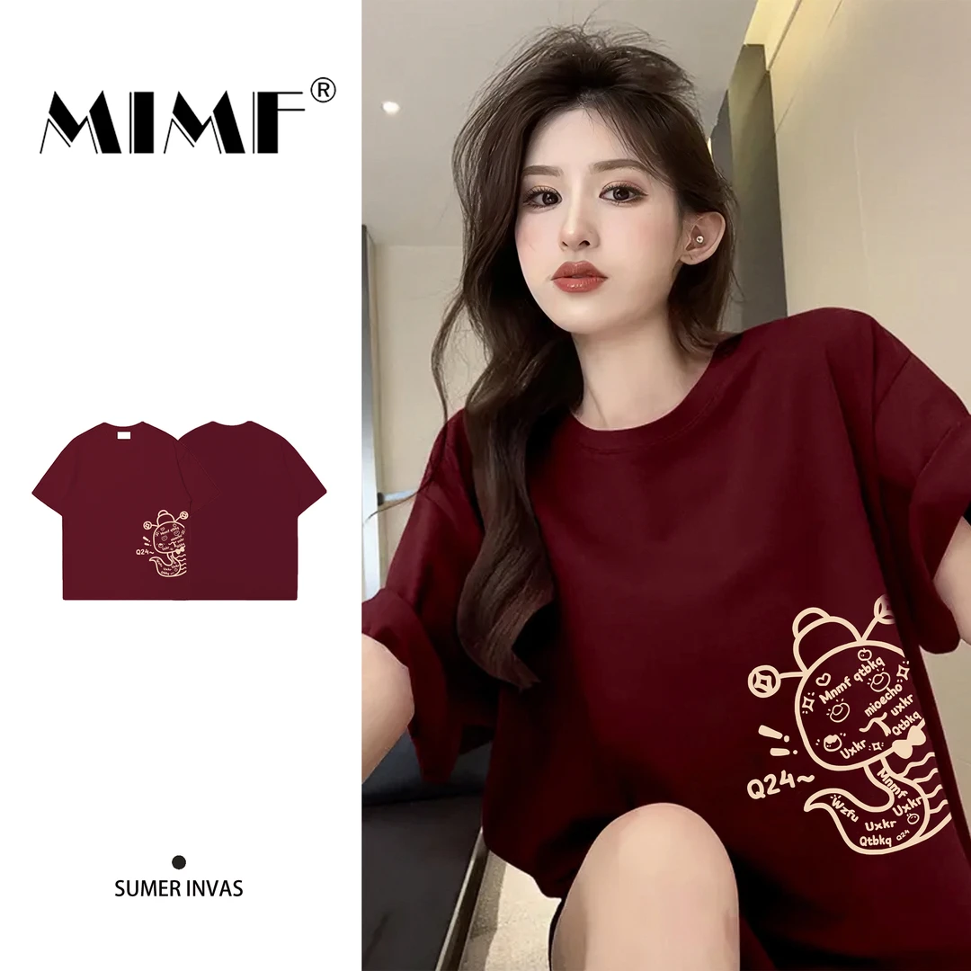 mnmf2025新年新款十二生肖图案短袖t恤女时尚潮流宽松半袖上衣新