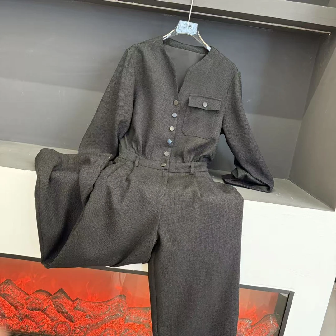 长袖收腰连体裤女2025春季新款单排扣时尚连衣裤百搭高腰休闲裤女