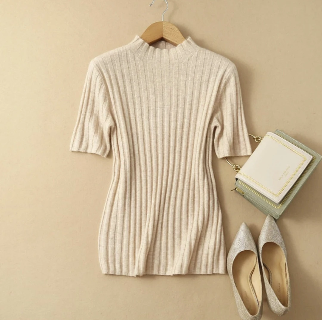 新款100纯山羊绒衫女装半高领修身显瘦套头短袖打底衫毛衣女