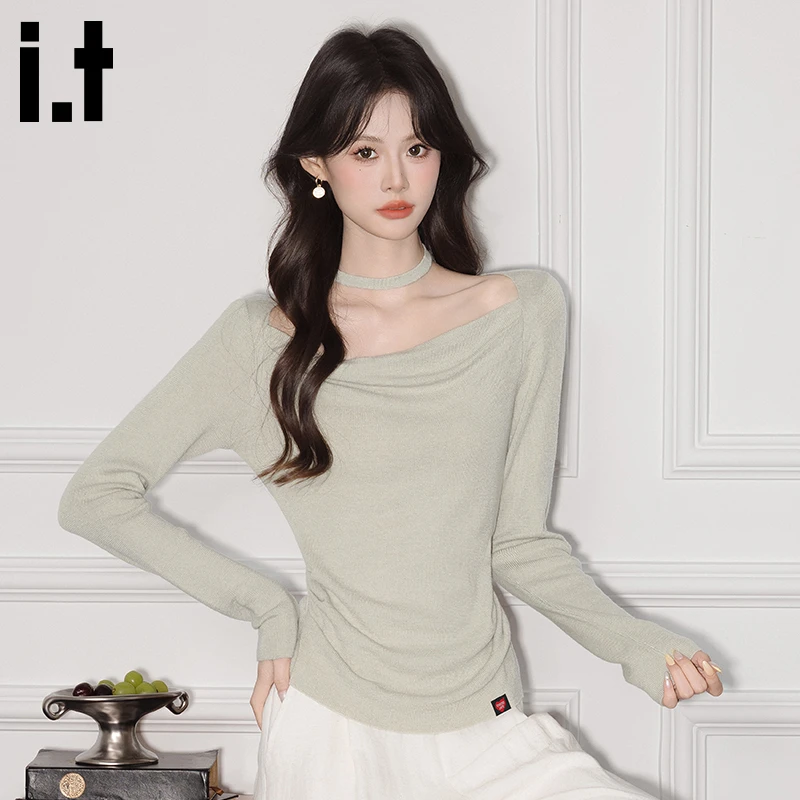 it :CHOCOOLATE法式一字肩长袖T恤女春秋高级感修身显瘦气质上衣