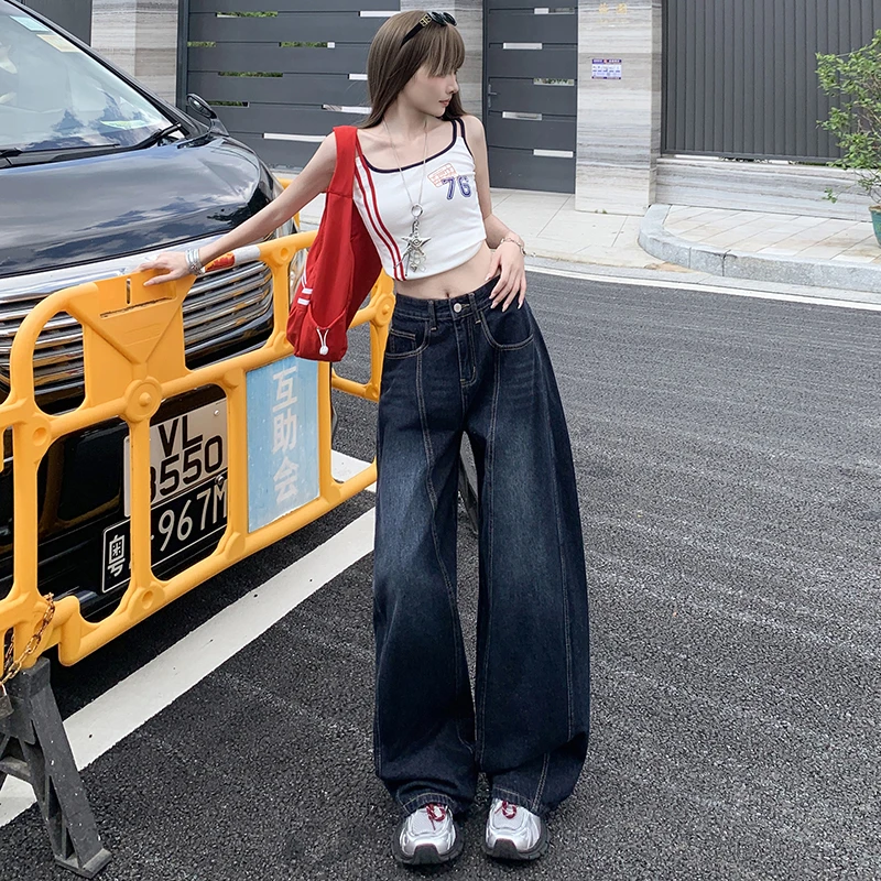 秋季新款美式复古刺绣弯刀阔腿牛仔裤女新款高腰直筒宽松拖地裤