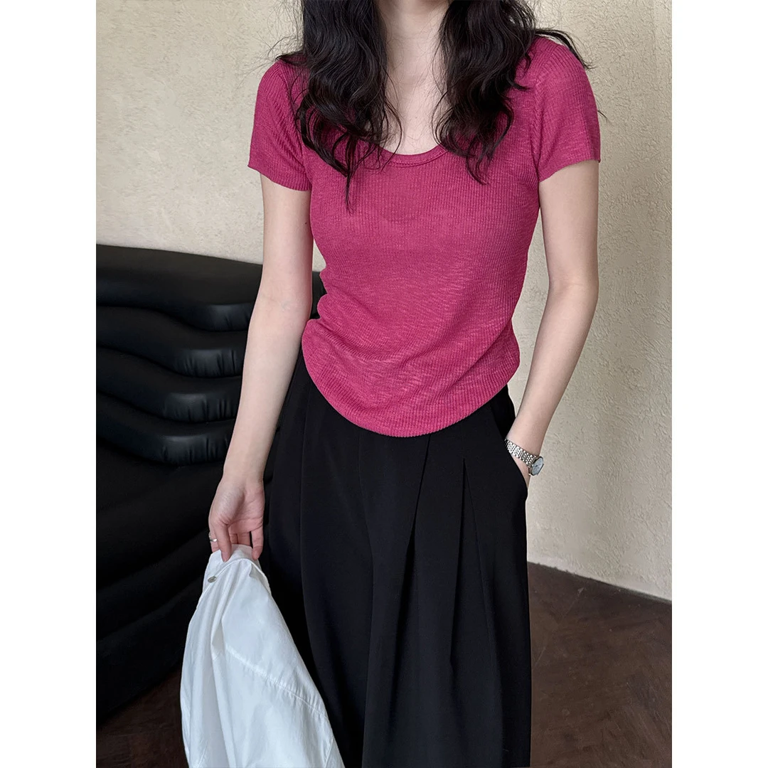 品质 韩系U领正肩短袖女夏新款收腰显瘦T恤百搭打底衫上衣ss723