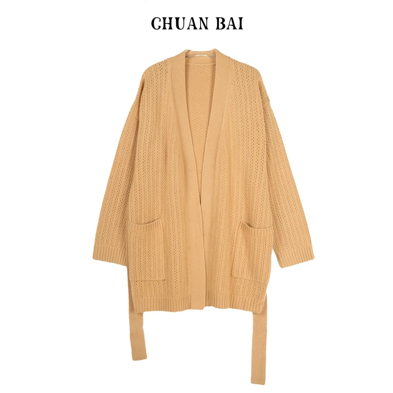 CHUANBAI 秋冬新款镂空腰带针织大开衫