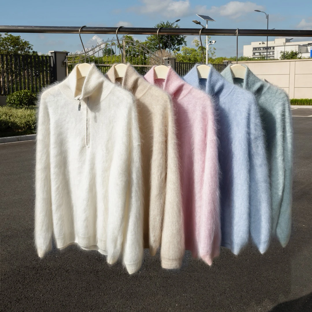 康赛妮~长毛拉绒羊绒衫女100纯山羊绒衫翻领拉链套头针织衫女秋冬