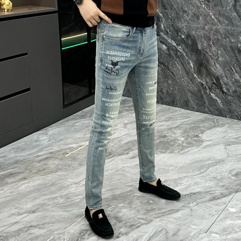 2025春秋新款牛仔裤男欧货个性印花字母直筒裤青年百搭休闲长裤子