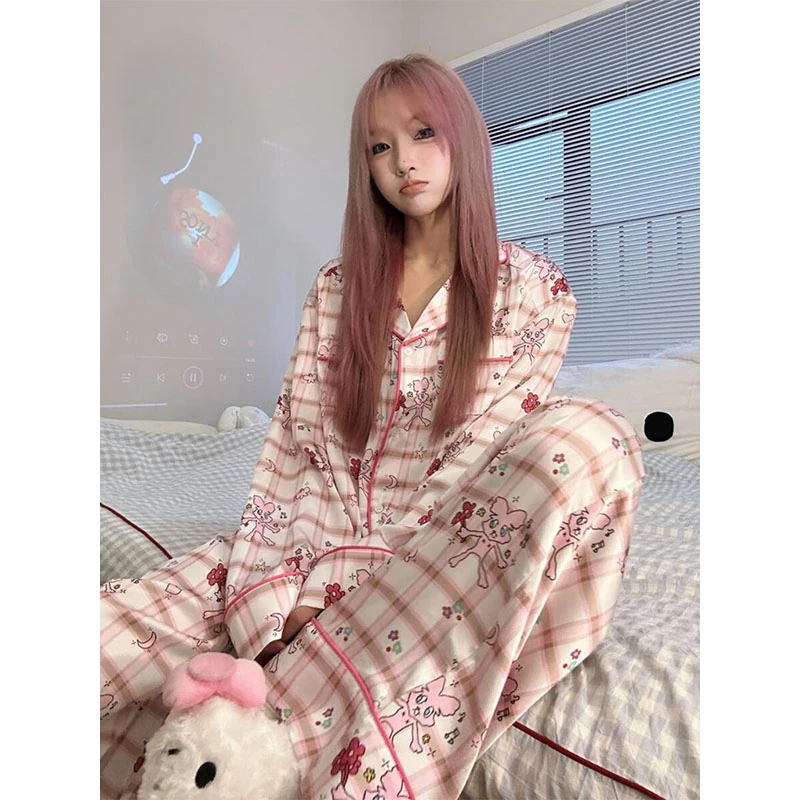 韩版可爱甜美少女格纹睡衣女2025春秋新款开衫长袖长裤家居服套装