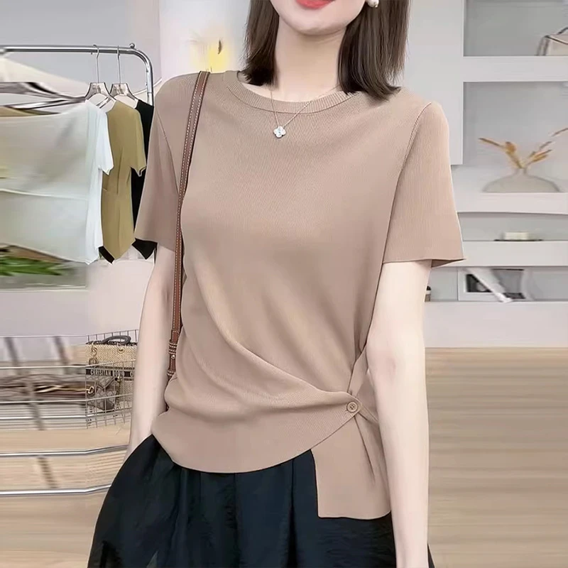 高级感斜扣正肩短袖T恤女2025夏季新款大码胖mm收腰显瘦上衣爆款