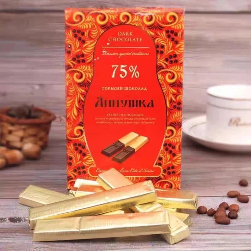 【大妮】俄罗斯进口套娃75%可可特苦纯黑巧克力批发健身零食100克