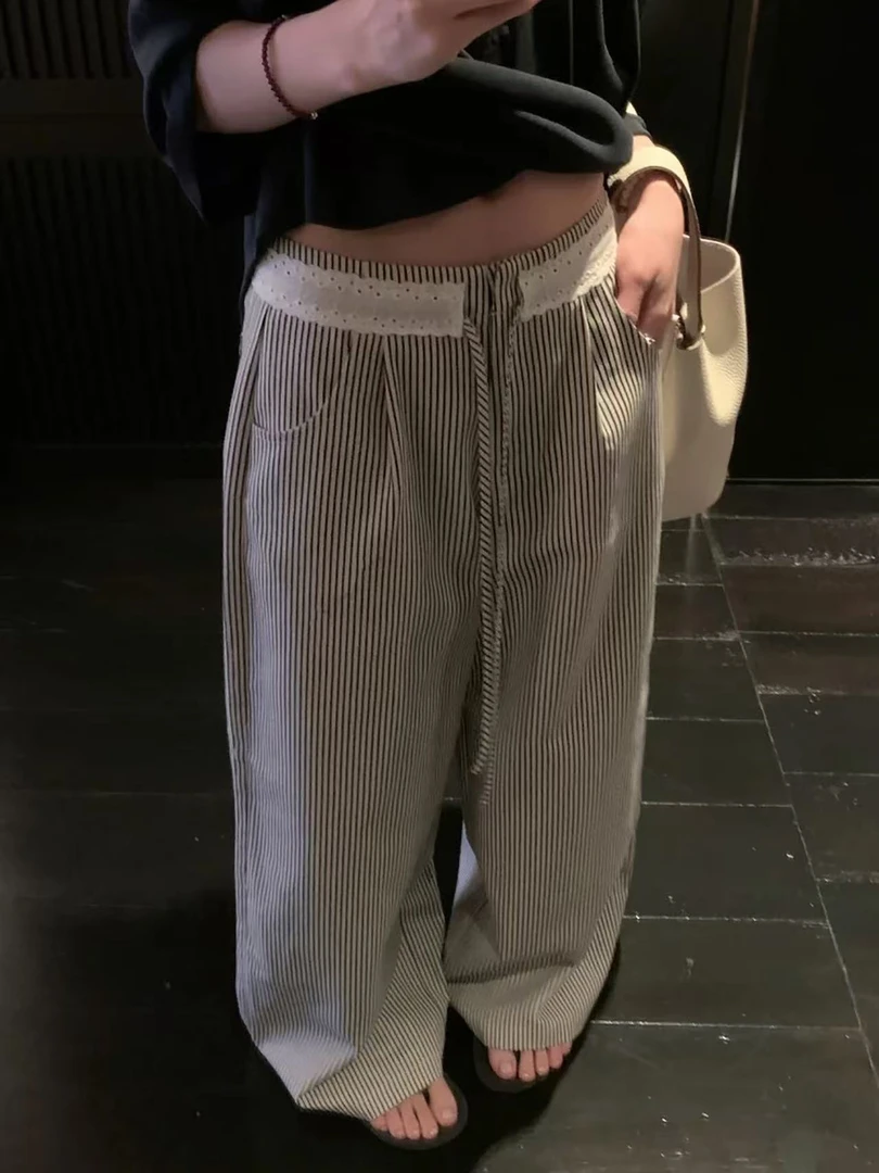 条纹元素花边腰头拼接设计感女2025秋新款抽绳高腰显瘦宽松休闲裤