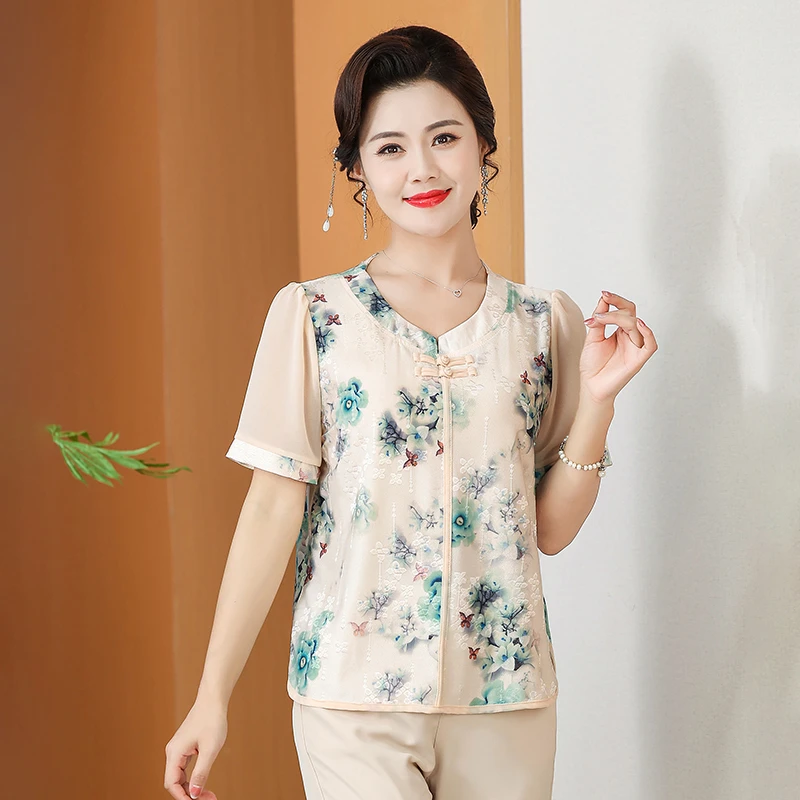 2025中老年妈妈装夏季国风小衫减龄气质新款圆领新中式盘扣套装