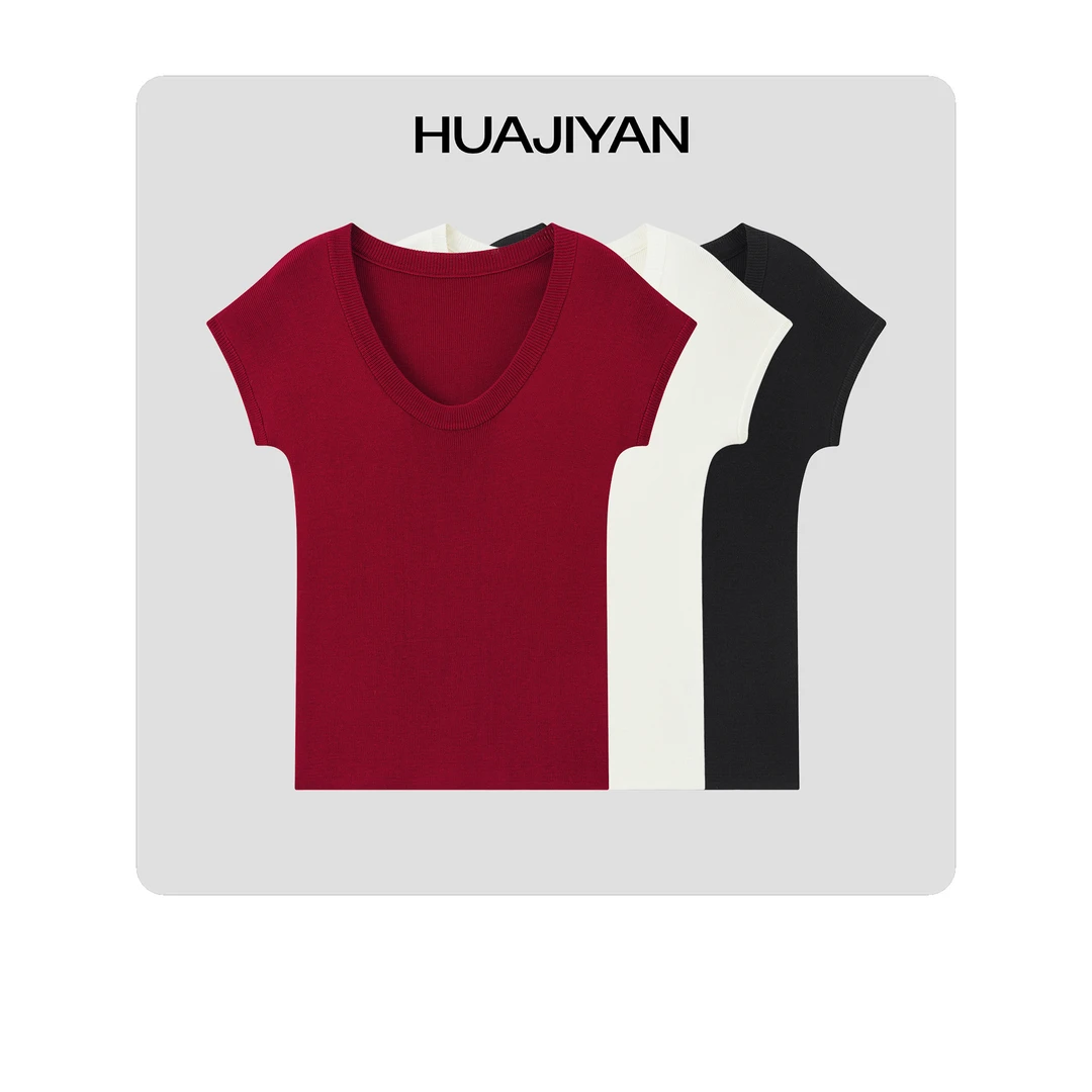 华吉言/HUAJIYAN【哈哈T】天丝醋酸羊毛大U领经典百搭短袖T恤